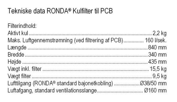 Tekniske data RONDA kulfilter til støvsuger